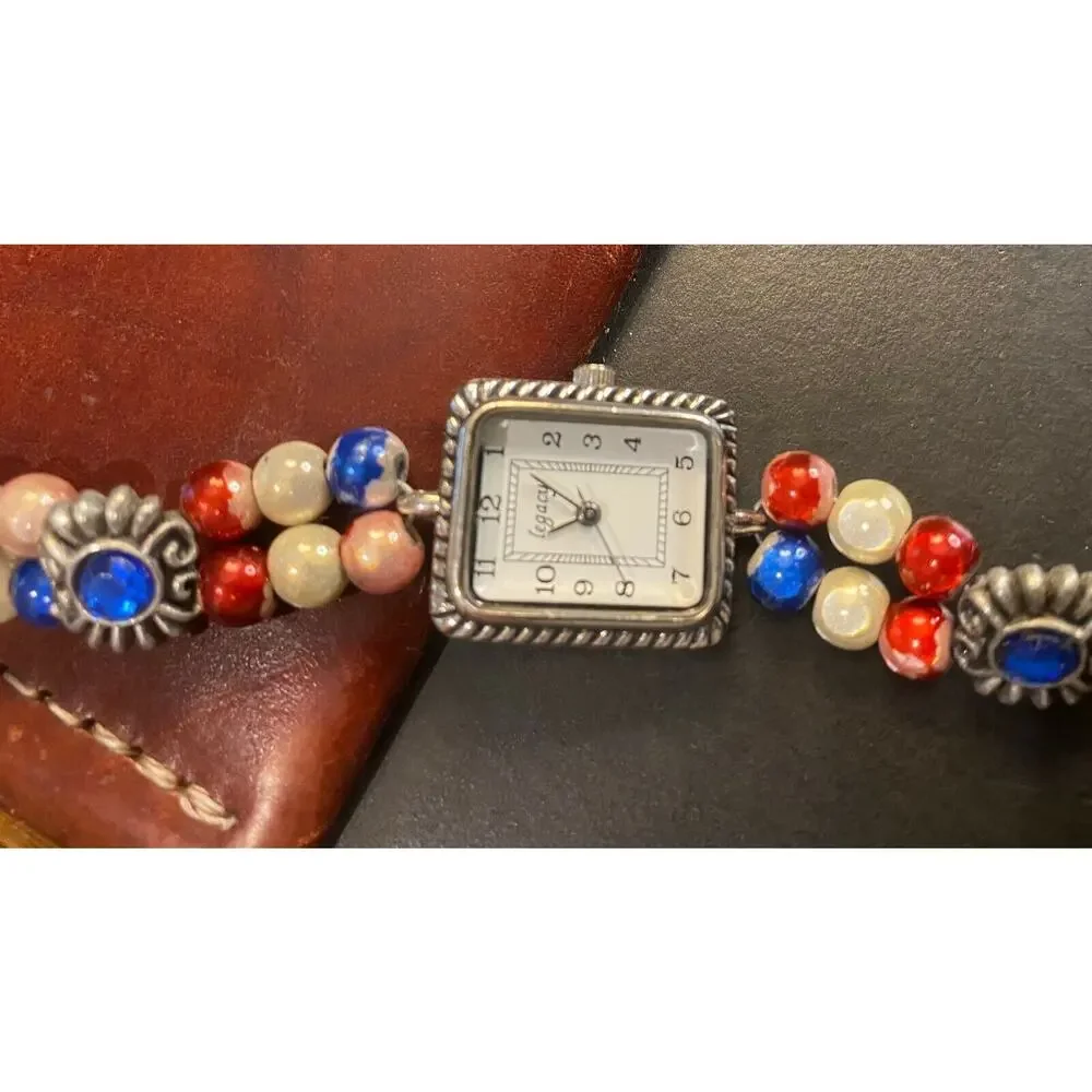 Women's 20mm Silver Tone Legacy Watch, Beaded and Crystal Bracelet Band